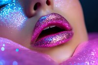 Sensual lips covered in bright pink and blue glitter makeup with sparkle effects on dark background, close up beauty shot for cosmetics and fashion industry.