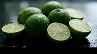 Fresh green limes with water droplets on dark surface, whole and sliced citrus fruits for cooking, cocktails and healthy nutrition concepts.