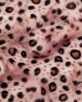 Pink leopard print fur texture with black spots on soft fluffy fabric surface for fashion design and textile applications.