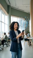 Young woman with curly dark hair and medium skin tone, wearing navy blazer and striped shirt, holding smartphone in modern office with colleagues working at desks, digital gift box hologram floating above phone screen.