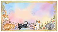 Watercolor cats border frame with pastel rainbow background, floral decorations, and gold accents, perfect for greeting cards and stationery.