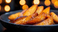 Caramelized potato wedges in cast iron pan with golden bokeh lights background, crispy roasted edges and seasoned surface, close up food photography.