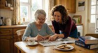 Senior woman and adult daughter doing crossword puzzle together at kitchen table with coffee and books in cozy home setting.