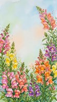 Colorful snapdragon flowers in watercolor style with soft pastel sky background, vibrant pink, yellow, orange and purple blooms framing copy space.