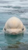 White beluga whale head emerging from turquoise ocean water with gentle waves in background, marine mammal wildlife photography for nature content.