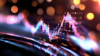 Financial market data visualization with glowing candlestick charts and bokeh lights showing trading analytics and investment trends for business reports.