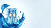 Tooth cross-section with internal anatomy surrounded by blue geometric crystals on white background, isolated design element suitable for dental education, healthcare marketing, and medical presentations.