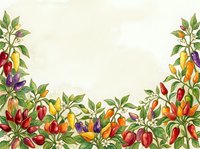 Colorful chili peppers and foliage border frame on cream background, isolated design element suitable for culinary labels, recipe cards, kitchen decor, and food packaging projects.
