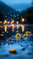 Sunflowers floating on dark water surface with glowing lantern lights reflecting in twilight creating magical atmosphere for romantic mood and nature photography.