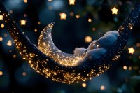 Glowing golden crescent moon with sparkling stars and magical dust floating in dark night sky, dreamy bokeh lights create mystical atmosphere for fairy tale design.