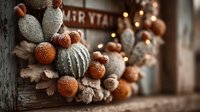 Autumn harvest wreath with orange pumpkins, acorns and dried leaves on rustic wooden background. Cozy fall home decor for seasonal celebrations and holidays.