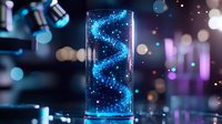Glowing blue DNA helix structure floating in glass container with bokeh lights background, futuristic genetic research concept for science and medicine.