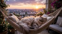 Fluffy tabby cat relaxing in woven hammock on urban balcony terrace at golden hour sunset with city skyline view and blooming flowers creating cozy outdoor living space.