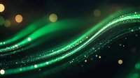 Glowing green waves with sparkling particles and golden bokeh lights on dark background create magical atmospheric effect for festive designs.