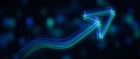 Glowing neon arrow pointing upward with curved trajectory on dark blue background, representing growth, success, and financial progress for business presentations.
