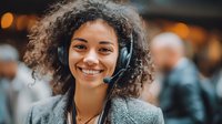 Young African American woman with curly hair wearing headset smiling at camera, customer service representative in office environment with blurred background.