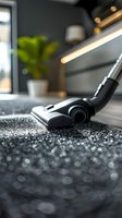 Modern vacuum cleaner head on dark carpet with sparkling cleaning particles and bokeh effect, houseplant and window in blurred background for cleaning service concept.