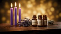 Spa aromatherapy setup with purple candles, lavender essential oil bottles and dried flowers on wooden surface with warm bokeh background.