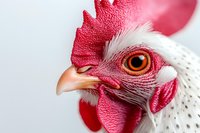 Close up portrait of white rooster head showing detailed red comb, wattles and bright orange eye against light background. Macro photography reveals feather texture.