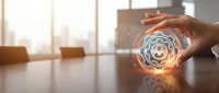 Businessman hand touching glowing gear icon on conference table with city skyline background, representing digital transformation, automation, and industrial technology solutions.