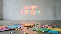Colorful neon Happy Birthday sign glowing on a concrete wall with scattered confetti and paper shapes on the floor below.