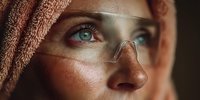 Young woman with blue eyes wearing protective transparent glasses and head wrapped in towel, looking upward with focused expression.
