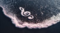 Treble clef musical symbol floating on dark ocean wave with pink foam, creative concept for music and nature harmony composition.