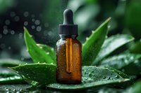 Amber glass dropper bottle with essential oil on fresh green aloe vera leaf against dark background with water drops and bokeh effect.