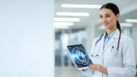Young female doctor holding digital tablet with brain scan in modern hospital corridor for medical technology and healthcare innovation.