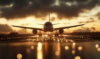 Commercial airplane landing at sunset with dramatic sky and runway lights creating golden reflections, conveying travel and aviation industry.
