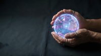 Hands holding glowing brain with neural networks and electrical connections representing artificial intelligence, machine learning and cognitive technology innovation.