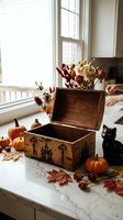 Vintage wooden chest with autumn decorations, pumpkins and dried flowers on marble windowsill creating cozy fall home decor atmosphere for seasonal styling.