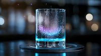 Glowing particles float in clear liquid creating magical effect in glass on dark background with bokeh lights, suitable for beverage and mixology concepts.