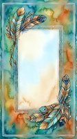 Watercolor boho frame with decorative feathers and ornate border on textured background for invitations, cards, and spiritual designs.