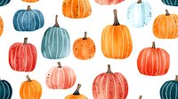 Watercolor pumpkins in orange, blue, and coral shades on white background create seamless pattern. Autumn harvest vegetables with stems and decorative details for seasonal design.