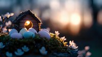 Magical miniature fairy house glowing at dusk among white spring flowers and moss, creating enchanting garden scene with dreamy bokeh background.