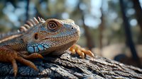 Close up portrait of orange iguana head with detailed scales and spikes on tree bark in natural environment, showing texture and distinctive reptilian features.