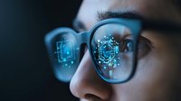 Young Asian man wearing glasses with futuristic holographic display reflection showing digital technology interface and data visualization elements.