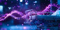 Magical stream of glowing pink particles flowing from bed in dark bedroom with moonlight, dreamy atmosphere and sparkles creating enchanting sleep concept.