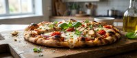 Freshly baked pizza with melted cheese, tomatoes, and basil on wooden board in bright kitchen setting, perfect for food and culinary content.