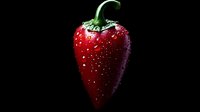 Fresh red strawberry with water drops on dark background, dramatic lighting highlights glossy surface and natural stem. Macro food photography.
