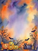 Watercolor Halloween border with jack-o-lanterns, black cat, bats, cauldron, and broom on spooky night sky background with copy space.