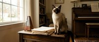 Siamese cat sitting on wooden desk with open book and lamp in home study room with piano and bookshelves, suitable for pet, education, and interior design projects.