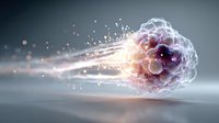 Glowing cellular structure with energy particles and light trails on gradient background for science and biotechnology concepts.