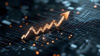 Glowing orange arrow graph showing upward trend on digital grid background with bokeh light effects, representing financial growth and market success.