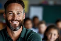 Confident middle-aged Caucasian male teacher with salt and pepper beard smiling warmly in classroom setting with students blurred in background. Professional education portrait.