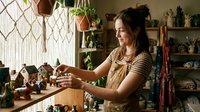 Young woman potter shaping clay on wheel in cozy ceramic studio with plants and handmade pottery displaying artisan craftsmanship and creative process.