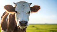 Holstein dairy cow portrait in green pasture field with blue sky background for agriculture and farming concepts.