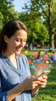 Happy young woman using smartphone in park with floating heart emojis, social media love reactions, digital communication concept outdoors in summer.