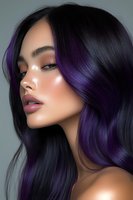 Close-up profile of young woman with glossy black and purple hair, dewy skin, and natural makeup against gray background for beauty advertising.